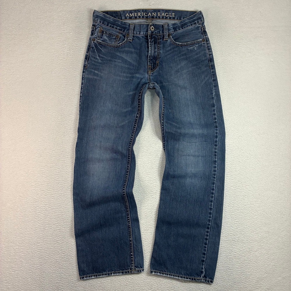 Y2K American Eagle Low Rise Bootcut Jeans Men 30x30 Blue Faded Whiskered Western